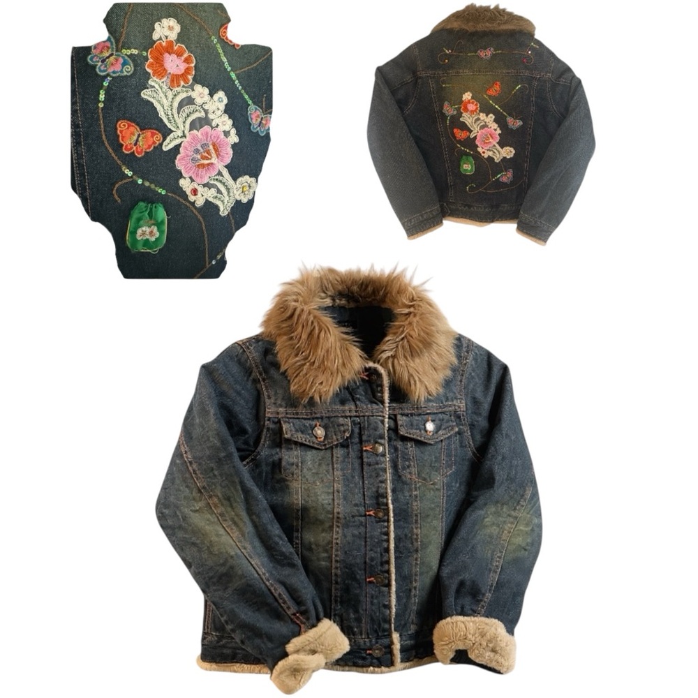 Vintage 90s Fur Denim Jacket Small  Embroidered Patches,‎ Beads Floral Butterfly